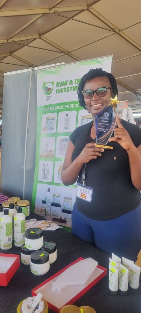 Enid Mugisha displays her plaque after winning Best Product From Uganda during the 25th Annual MSME Trade Fair in Nairobi, 16 November 2025.